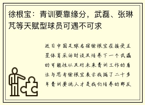 徐根宝:青训要靠缘分,武磊、张琳芃等天赋型球员可遇不可求 徐根宝:青训要靠缘分,武磊、张琳芃等天赋型球员可遇不可求