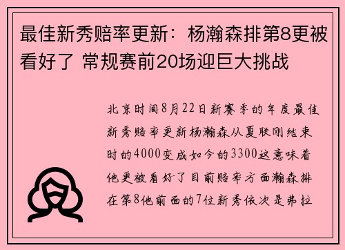 最佳新秀赔率更新：杨瀚森排第8更被看好了 常规赛前20场迎巨大挑战